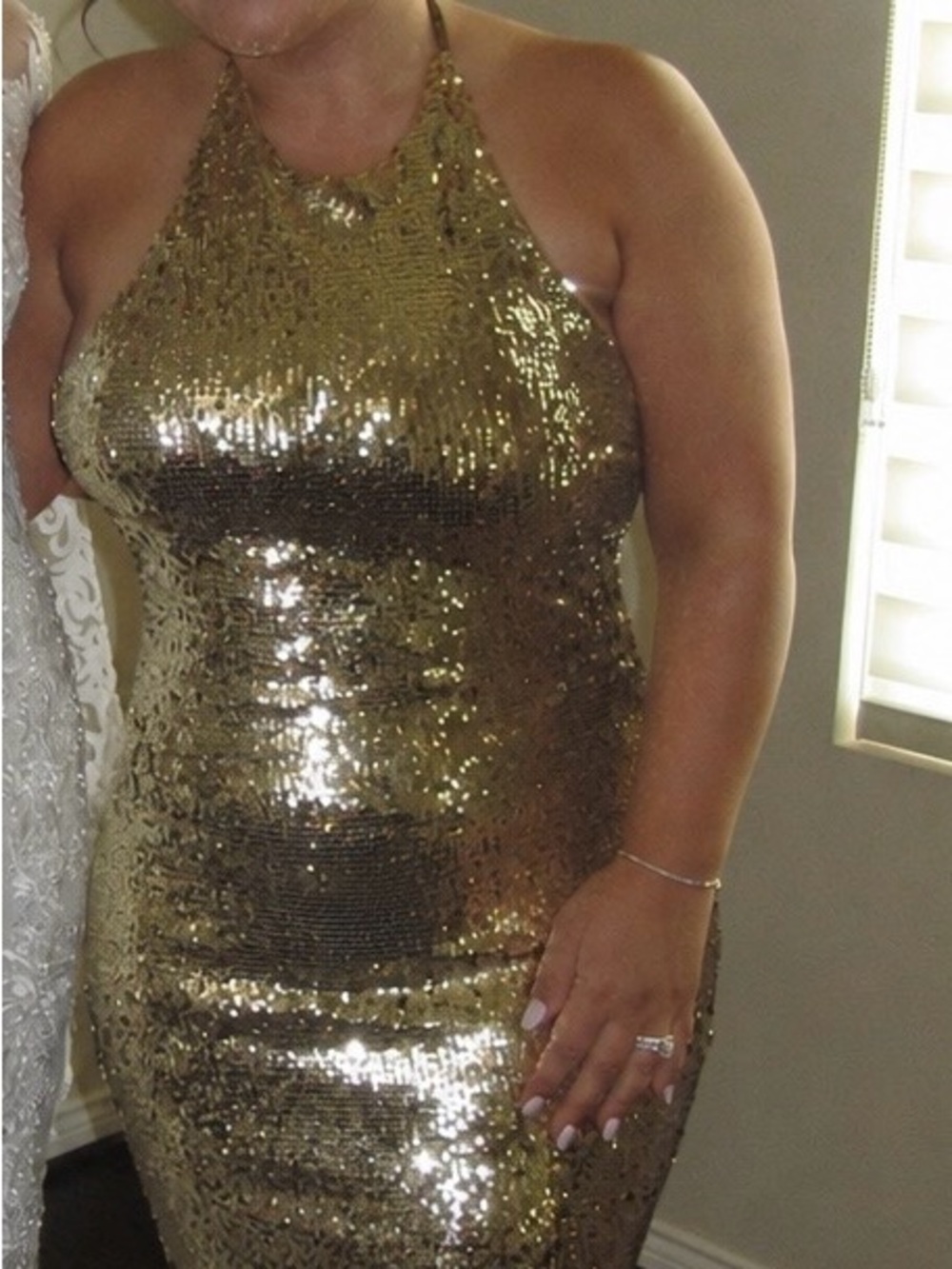 Michael Costello Gold Sequin One Shoulder Halter Dress